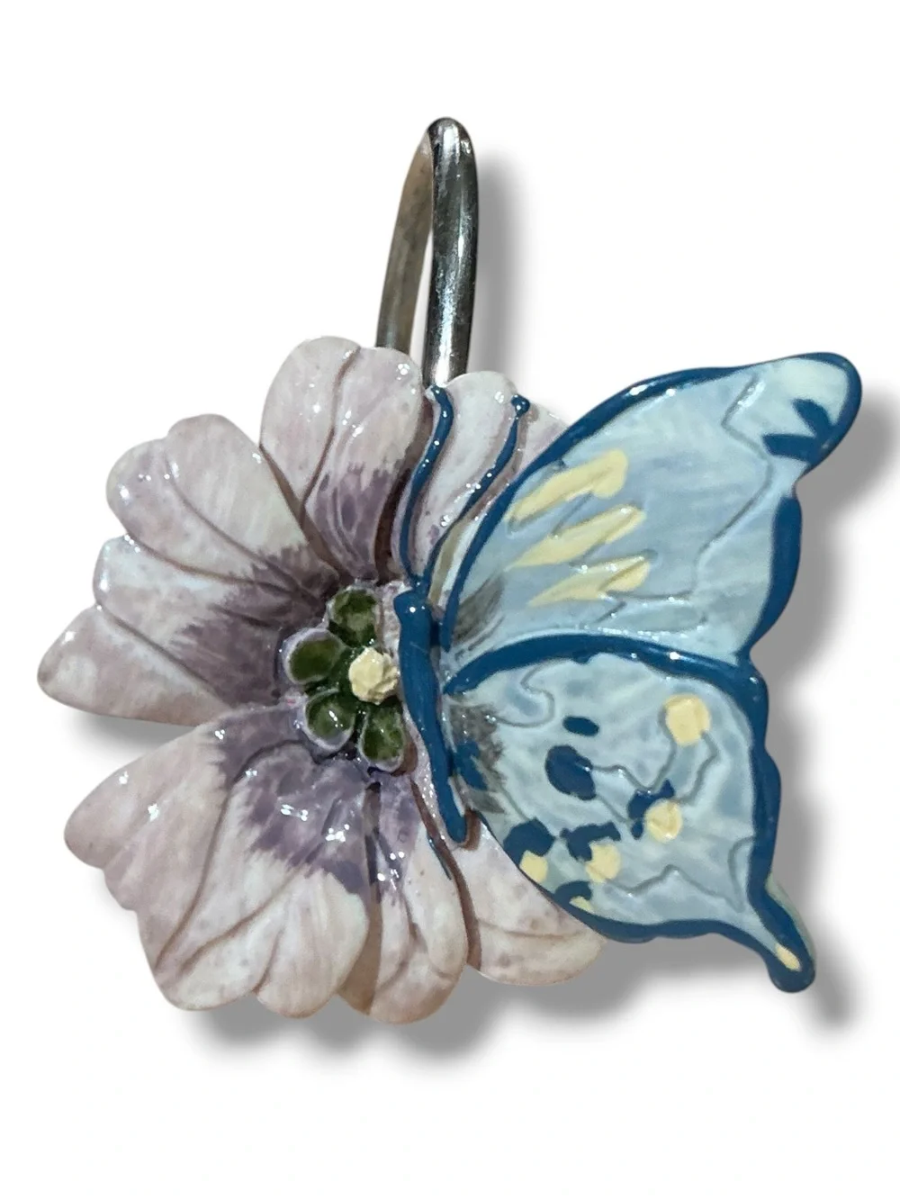 Vintage Butterfly Flower Shower Hooks - Pale Blue & Light Lavender (Set of 12)